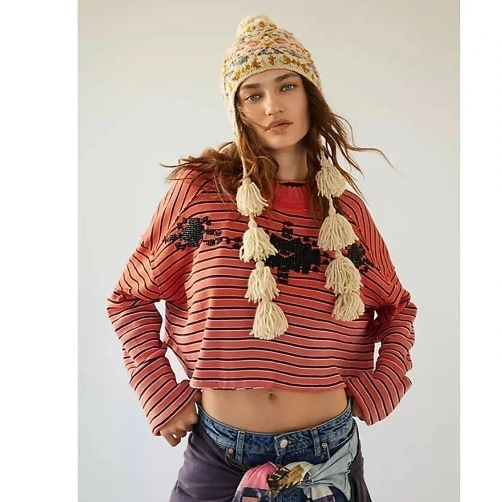 Free People Avalanche Long Sleeve Striped Beaded Tee Top